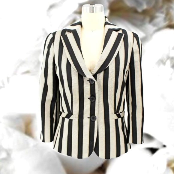 Les Copains Jackets & Blazers - Les Copaines Jacket Striped Black Taupe Tan Grosgrain Textured Blazer 3/4 Sleeve